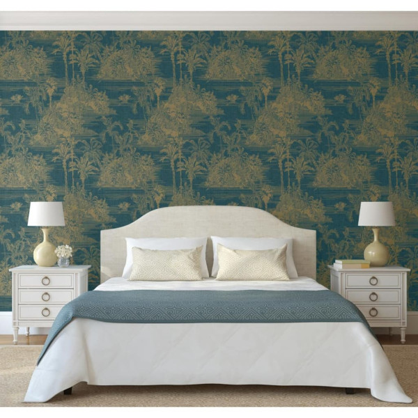 DUTCH WALLCOVERINGS Papel Tintado Tropical azul escuro e dourado D