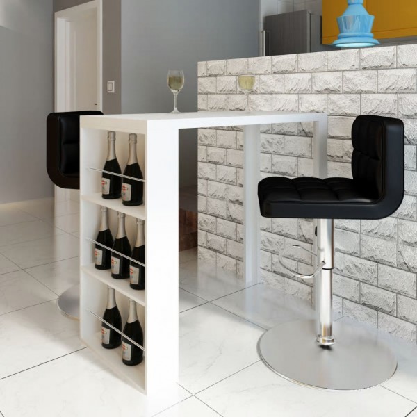Mesa alta de cozinha com estantes para garrafas brancas brilhantes D