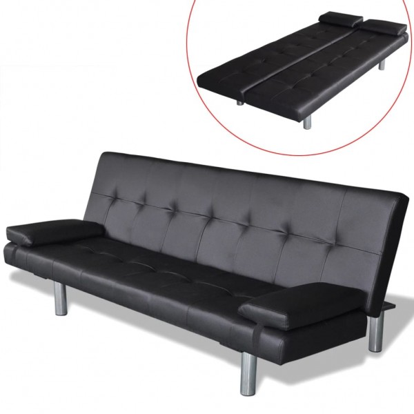 Sofá cama con dos cojines cuero artificial ajustable negro D