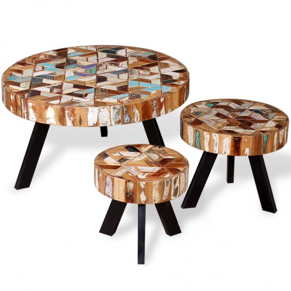 Set de mesas de centro 3 unidades madera reciclada maciza D