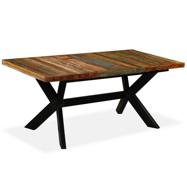 Mesa de jantar de madeira maciça reciclada e cruz de aço 180 cm D