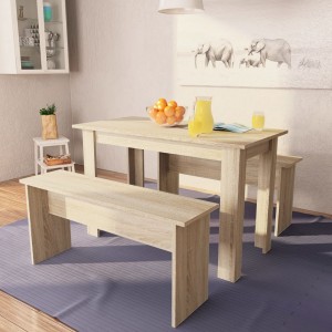 Mesa de jantar e bancos 3 peças madeira aglomerada cor de carvalho D