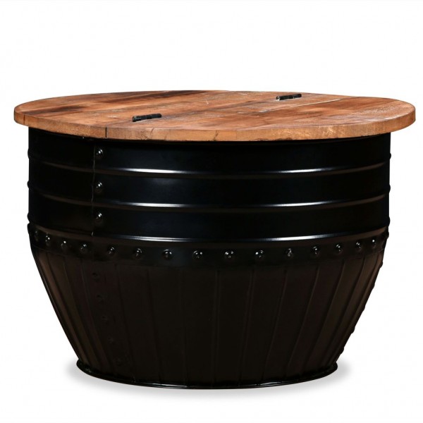 Mesa de centro de madeira maciça reciclada preta em forma de barril D