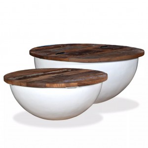 Set de 2 mesas de centro de madeira reciclada branco em forma de taça D