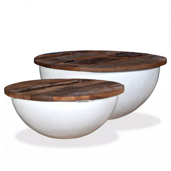 Set de 2 mesas de centro madera reciclada blanca forma de bol D