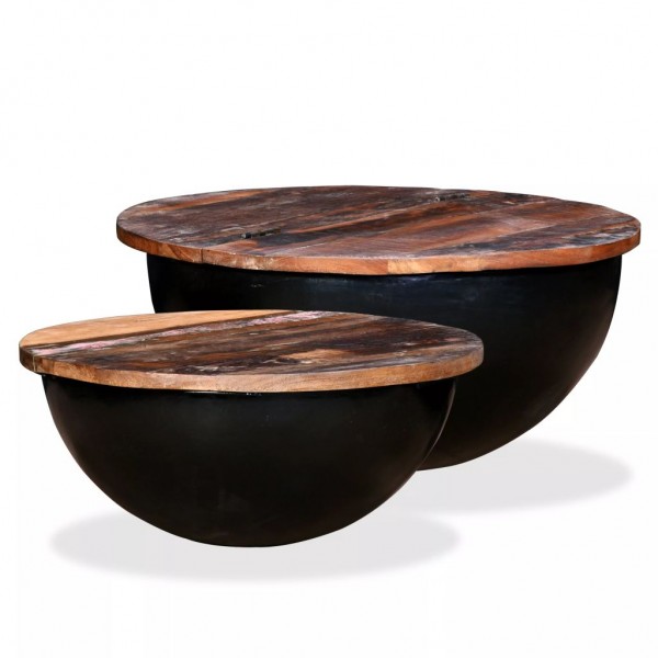 Set de 2 mesas de centro madera reciclada negra forma de bol D