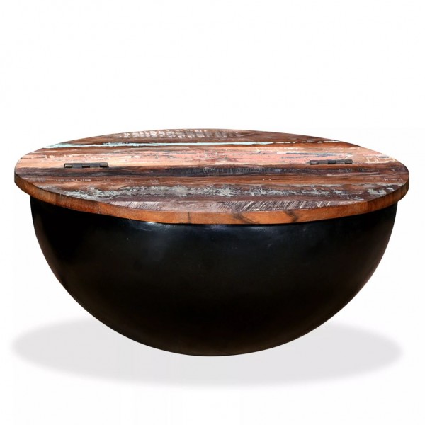 Mesa de centro de madera maciza reciclada negra en forma de bol D