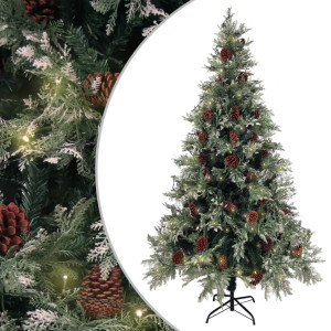 Árbol de Navidad con luces y piñas PVC PE verde y blanco 195 cm D