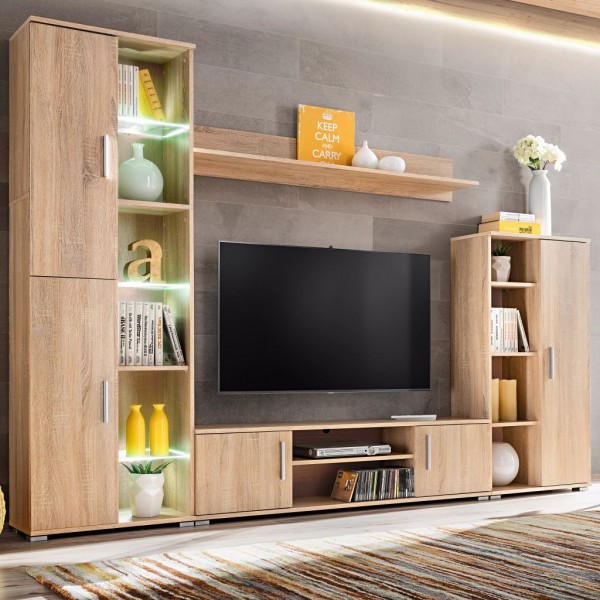 Mueble de salón de pared para TV con luces LED roble Sonoma D