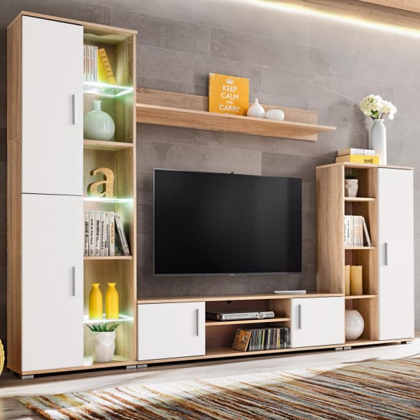 Mueble salón pared para TV con luces LED roble Sonoma y blanco D