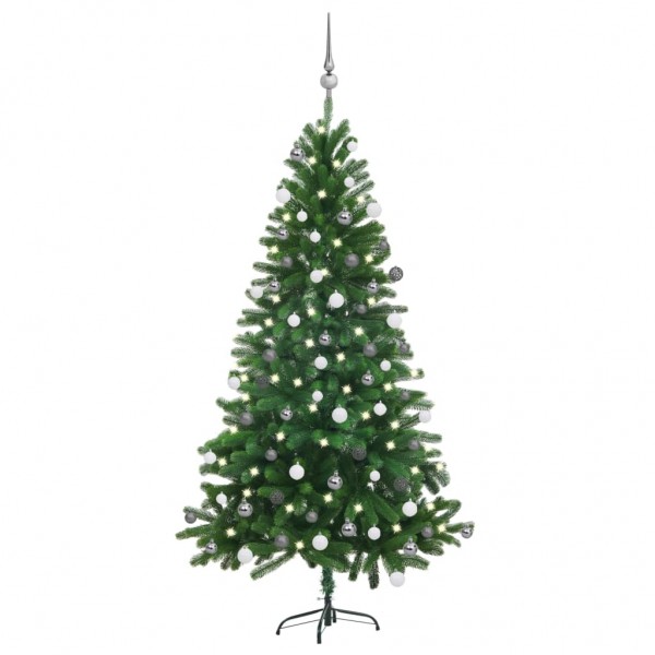 Árbol de Navidad preiluminado con luces y bolas verde 150 cm D