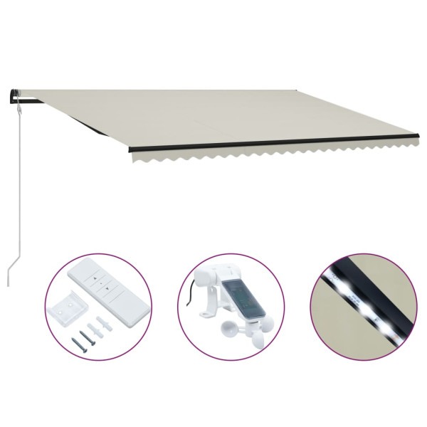 Toldo retráctil sensor de viento y LED color crema 600x300 cm D