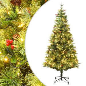 Árbol de Navidad con luces y piñas PVC PE verde 150 cm D