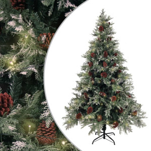 Árbol de Navidad con luces y piñas PVC PE verde y blanco 120 cm D