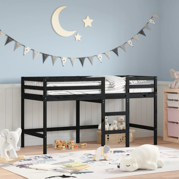 Cama alta de niños escalera madera maciza pino negra 80x200 cm D