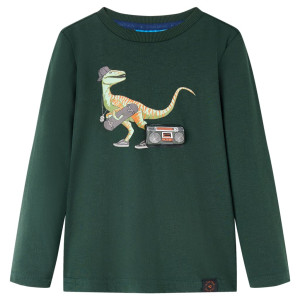 T-shirt de crianças mangas compridas verde escuro dinossauro imprimir 104 D