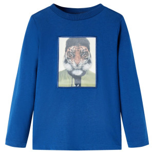 Tigre azul escuro impresso manga comprida crianças T-shirt 140 D