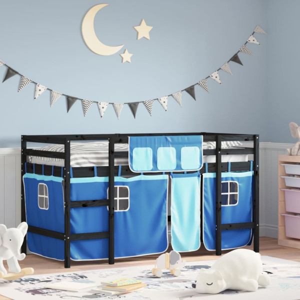 Cama alta para niños con cortinas madera pino azul 90x190 cm D