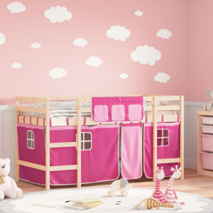 Cama alta para niños con cortinas madera pino rosa 90x190 cm D