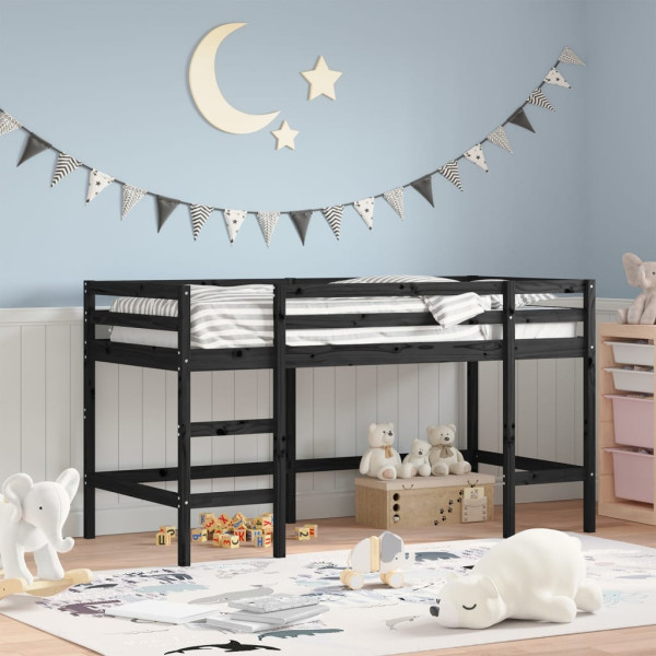 Cama alta de niños escalera madera maciza pino negra 80x200 cm D