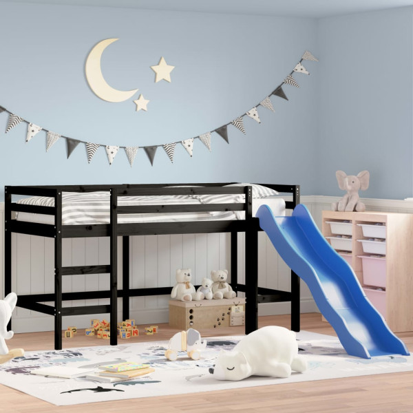 Cama alta de niños con tobogán madera maciza negra 90x200 cm D