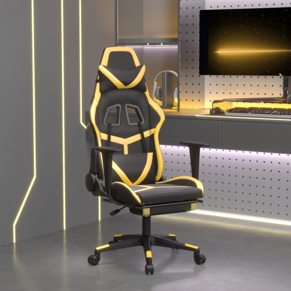 Cadeira de jogos com apoio de pés de couro sintético preto dourado D