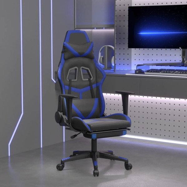 Cadeira de massagem de jogos e apoio de pés de couro sintético preto-azul D