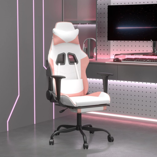 Cadeira de jogos com apoio de pés de couro sintético branco e rosa D