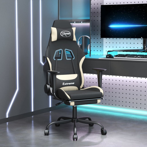 Cadeira de massagem gaming com suporte de pés de tecido preto e creme D
