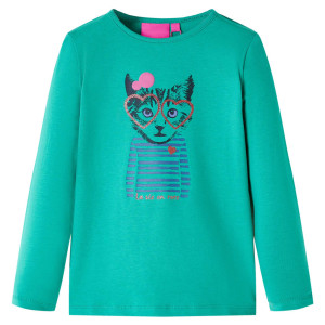 Camiseta para niños manga larga estampado de gato verde brillante 92 D