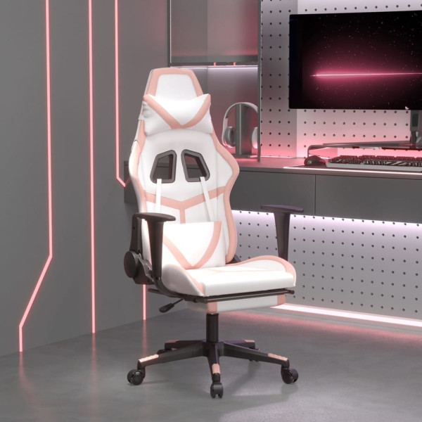 Cadeira de massagem de jogos e apoio de pés de couro sintético branco e rosa D