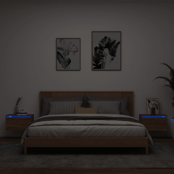 Mesas noturnas de parede com luzes LED 2 unidades de carvalho marrom D