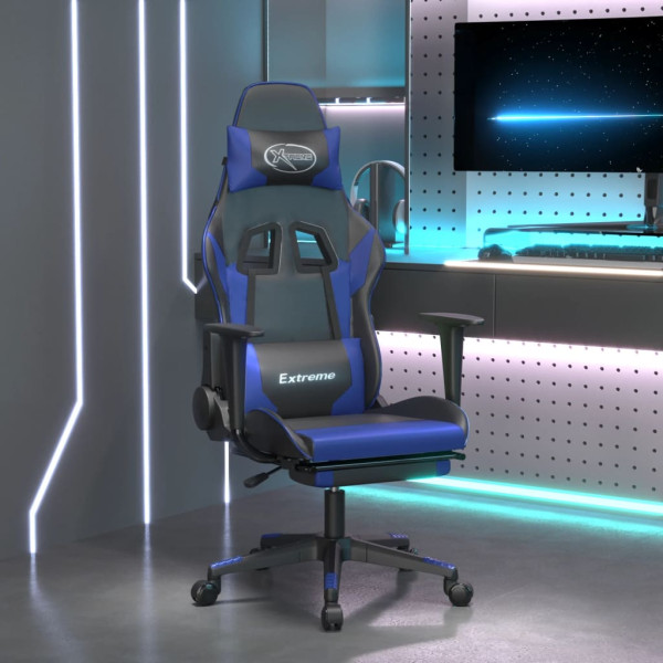 Cadeira de massagem de jogos e apoio de pés de couro sintético preto-azul D
