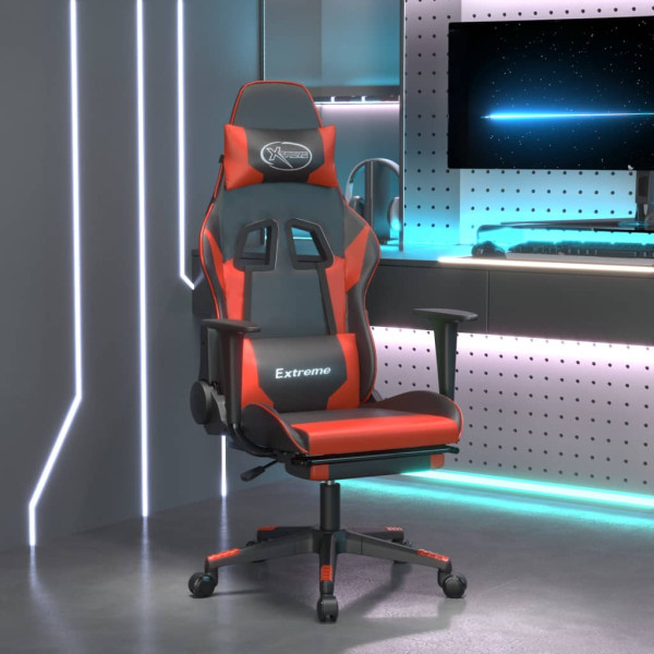 Cadeira de jogos com apoio de pés de couro sintético preto vermelho D