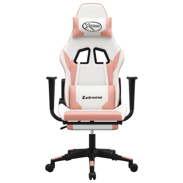 Silla gaming masaje y reposapiés cuero sintético blanco y rosa D