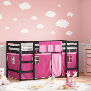 Cama alta para niños con cortinas madera pino rosa 90x200 cm D