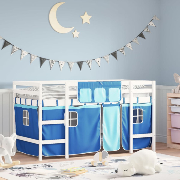 Cama alta para niños con cortinas madera pino azul 90x200 cm D