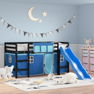 Cama alta para niños con cortinas madera pino azul 80x200 cm D