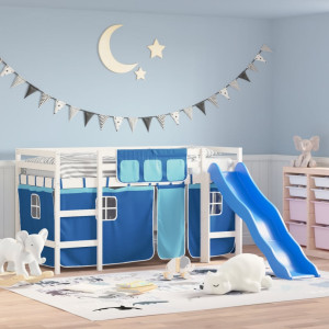 Cama alta para niños con cortinas madera pino azul 80x200 cm D