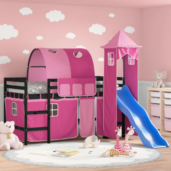 Cama alta para crianças com torre madeira pinheiro rosa 80x200 cm D