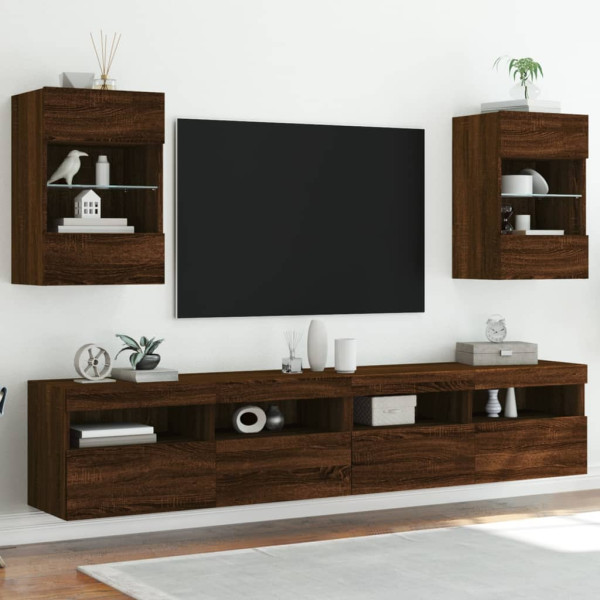 Mobiliário de TV de parede luzes LED 2 vds carvalho marrom 40x30x60.5 cm D