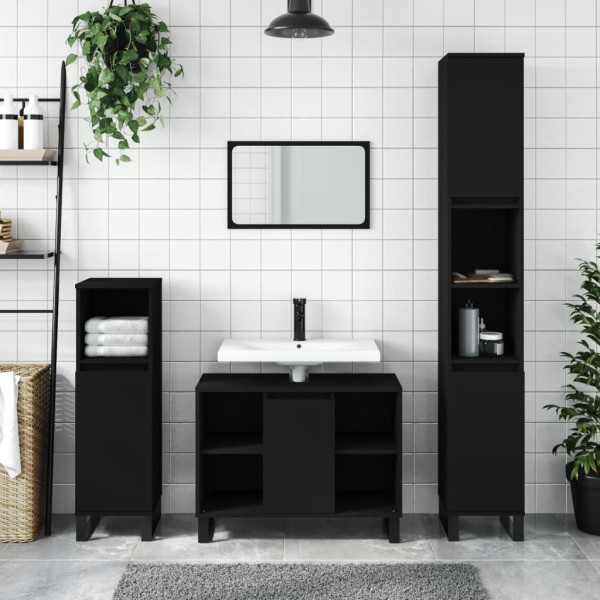 Juego de muebles de baño 3 pzas madera contrachapada negro D