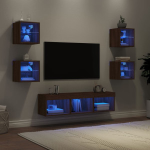Muebles TV pared con LED 7 pzas madera ingeniería marrón roble D