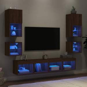 Muebles TV pared con LED 8 pzas madera ingeniería marrón roble D
