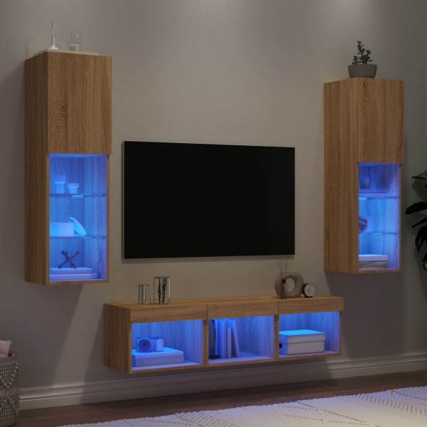 Mobiliário TV de parede com LED 5 pzas madeira engenharia carvalho Sonoma D