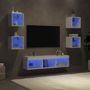Muebles de TV de pared con LED 7 pzas madera ingeniería blanco D