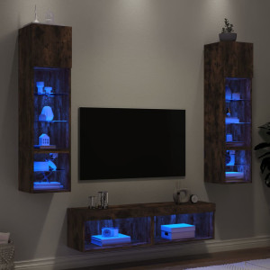 Muebles TV pared con LED 6 pzas madera ingeniería roble ahumado D