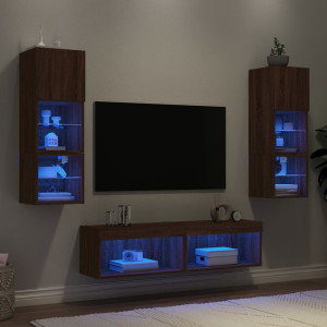 Muebles TV pared con LED 6 pzas madera ingeniería marrón roble D