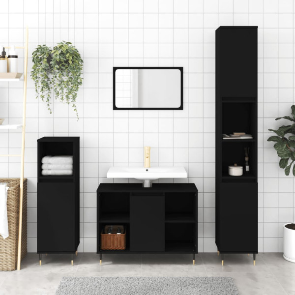 Juego de muebles de baño 3 pzas madera contrachapada negro D