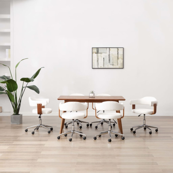 Cadeiras de jantar giratórias 6 peças madeira curvada couro branco D